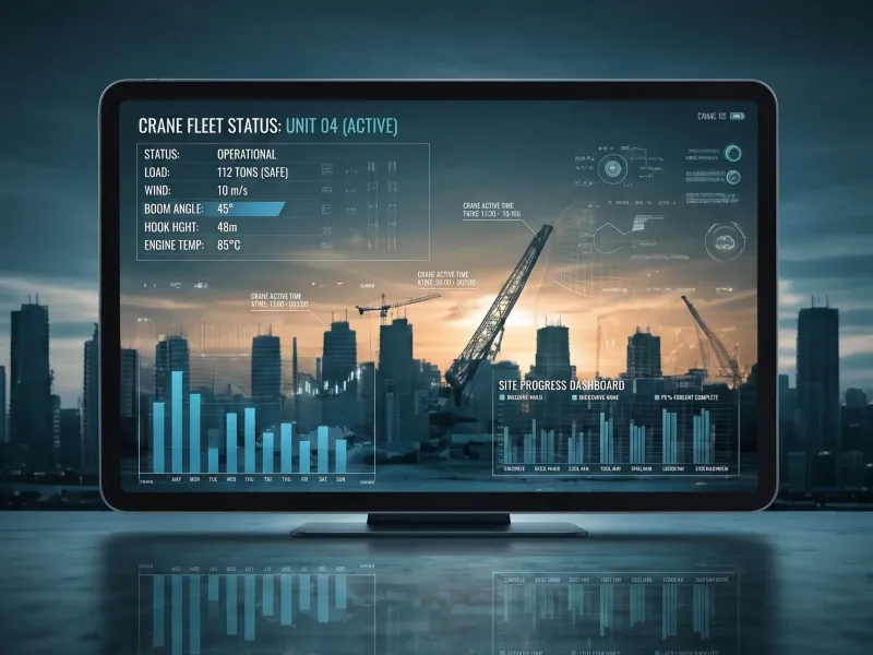 Chantier de construction moderne avec données ERP en superposition